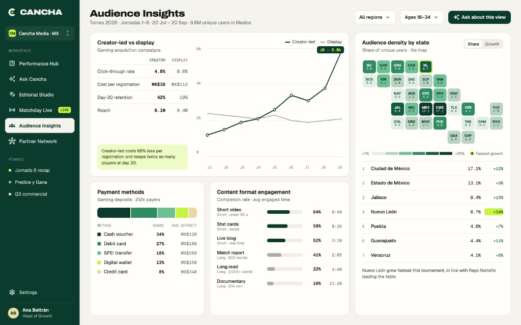 Cancha Audience Insights with campaign performance, payment methods and a regional audience map of Mexico