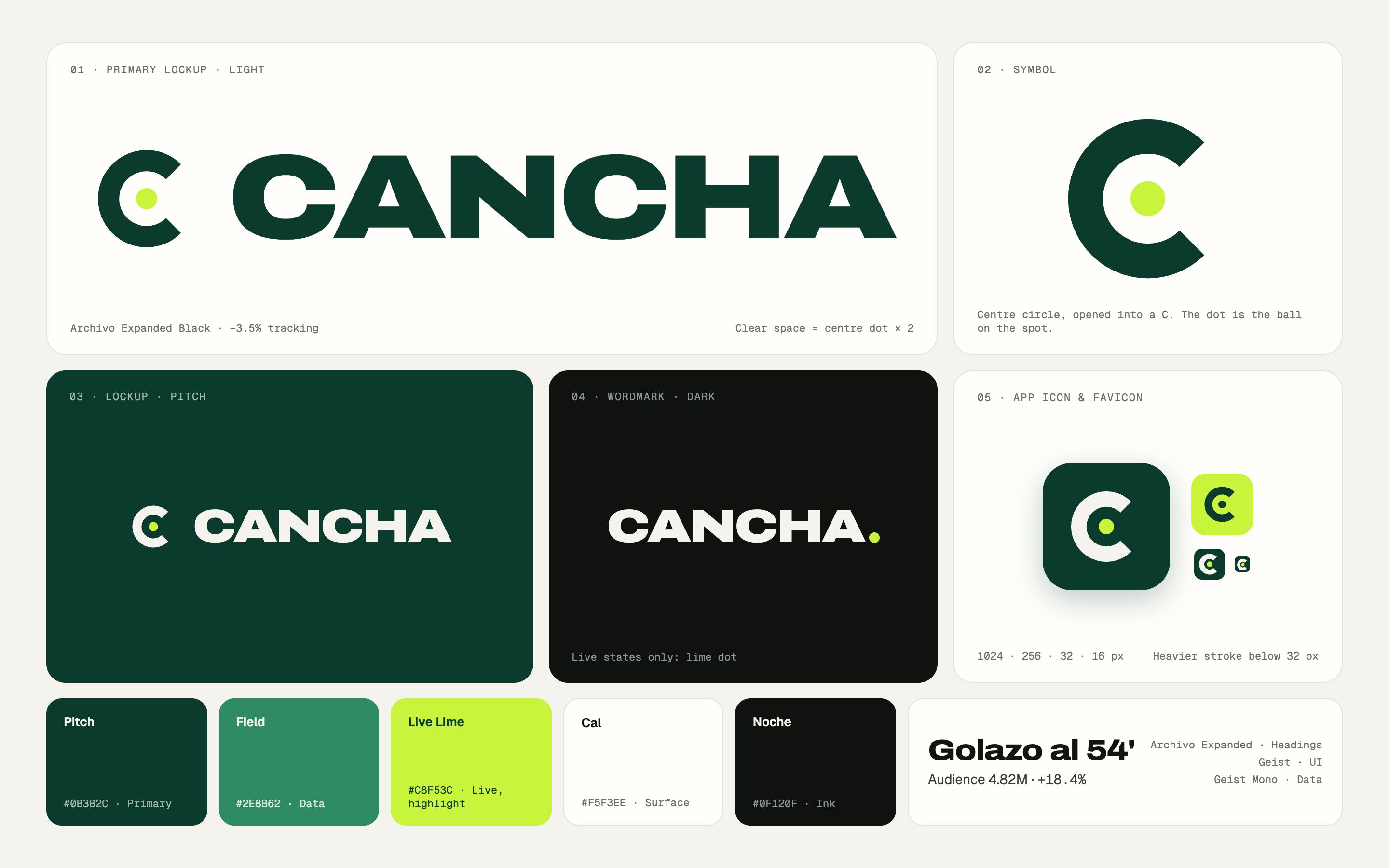 Cancha logo sheet with wordmark, symbol, app icon and colour palette