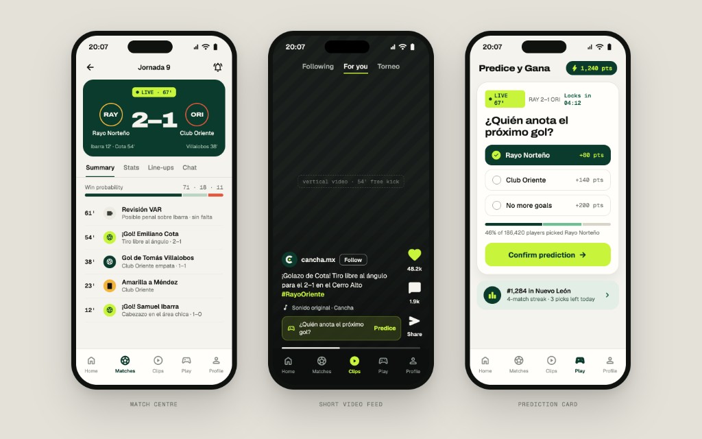 Cancha mobile app screens showing match centre, video feed and prediction card