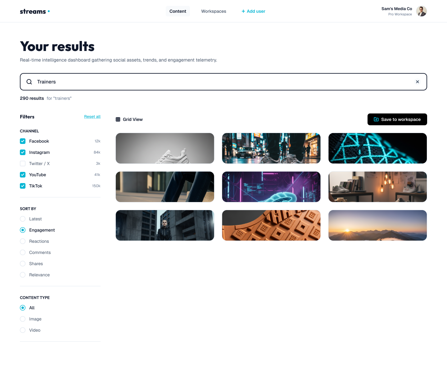Streams search results dashboard showing trainer content discovery