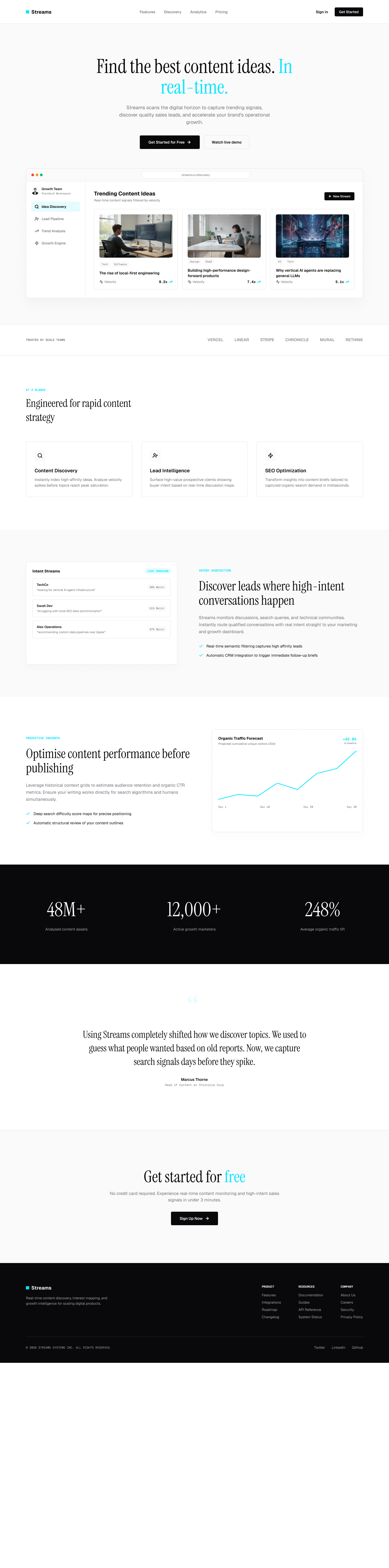 Streams marketing homepage with product hero and dashboard preview