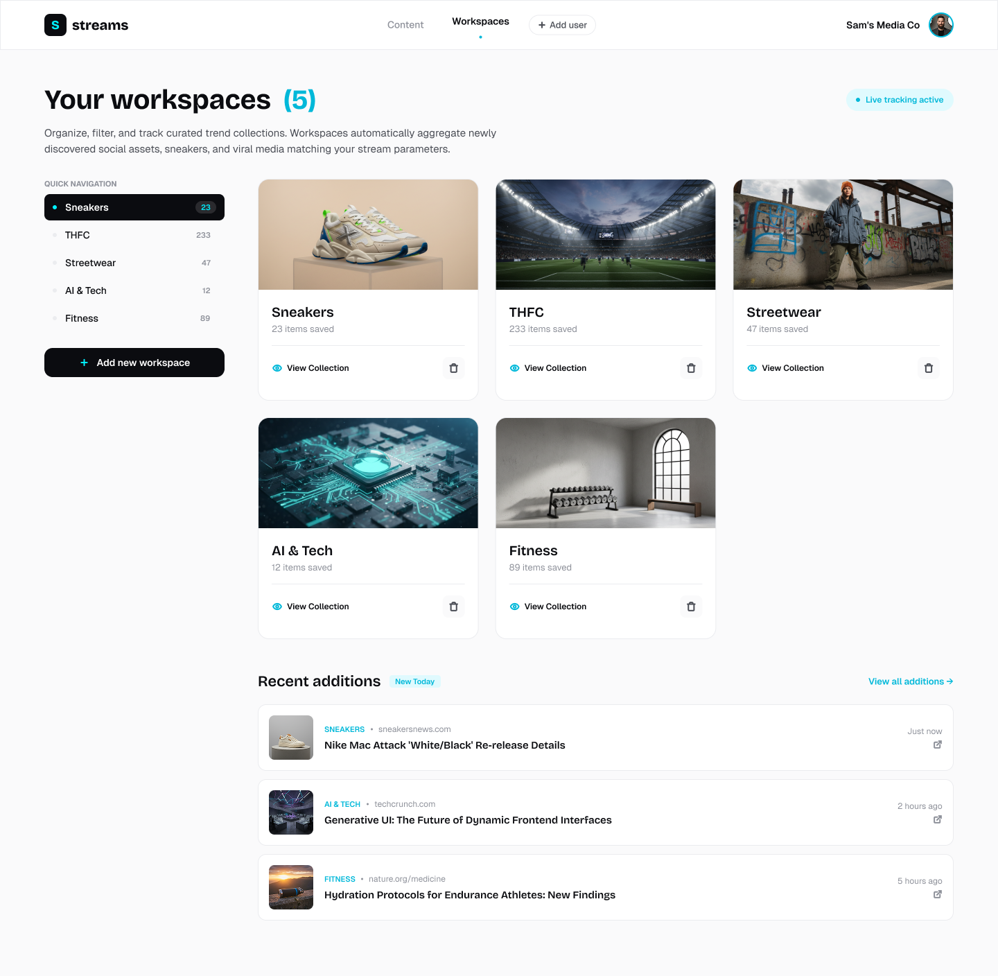 Streams workspaces view with curated trend collections